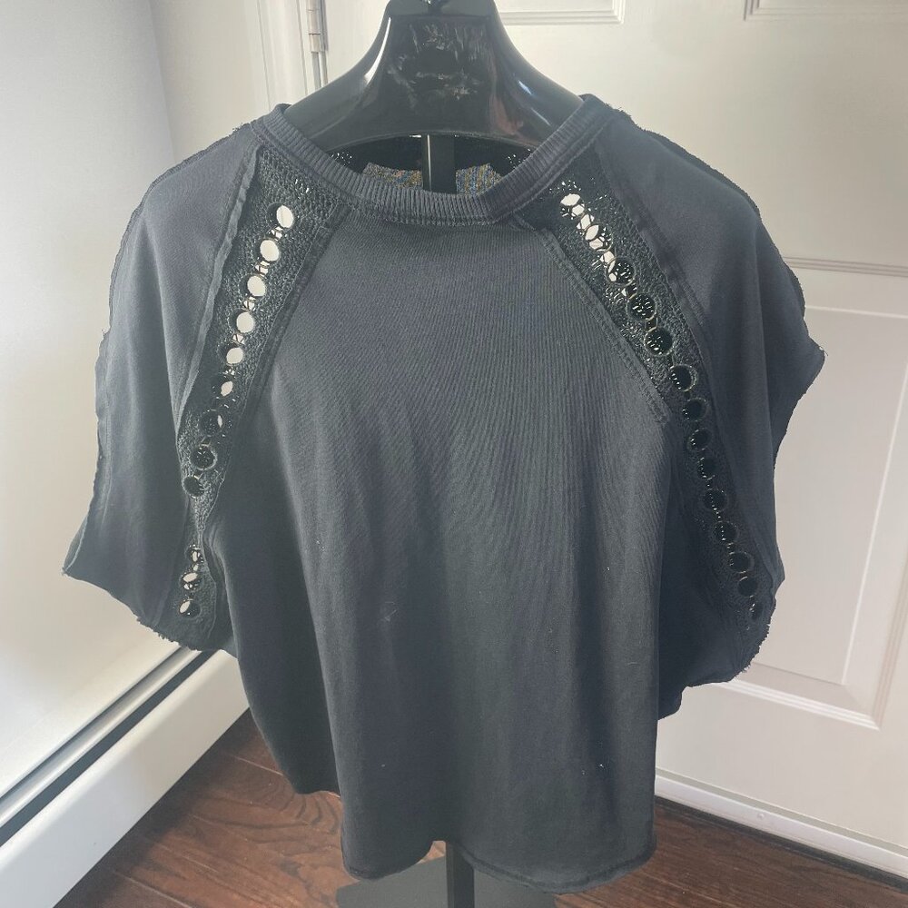 Free People Rough Around The Edge Top Black Dolman Sleeves Crochet Grommet